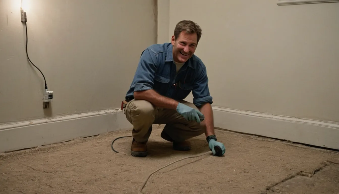 Friendly pest control provider inspecting a basement wall in an older Bowie home with a homeowner